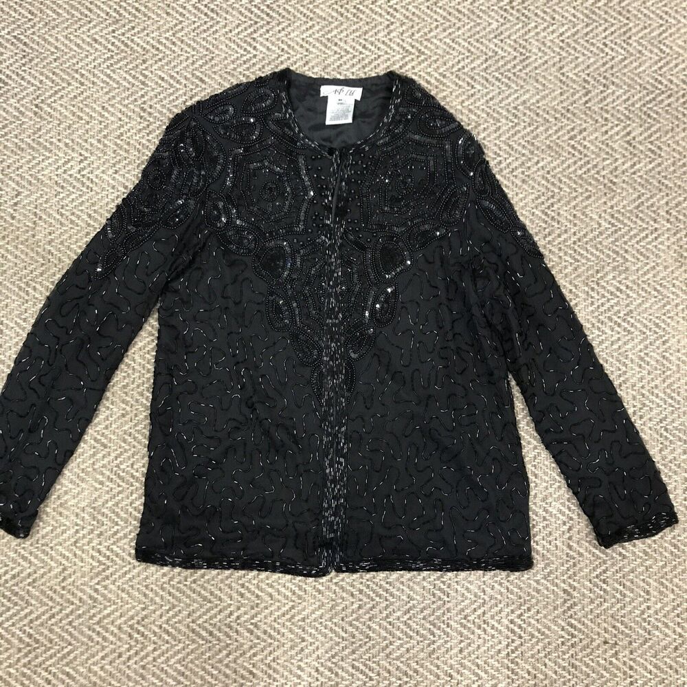 Vintage Silk Beaded Sequin Dress Jacket Black Medium Open Front Cardigan Glam